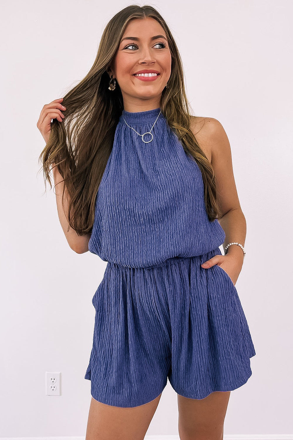Bluing Knot Back High Neck Crinkle Textured Romper Bottoms JT's Designer Fashion