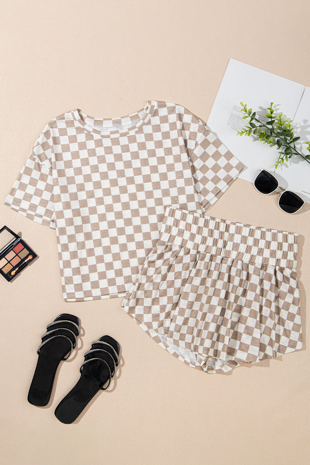 Brown Checkerboard T Shirt and High Waist Skorts 2 Piece Outfit Short Sets JT's Designer Fashion