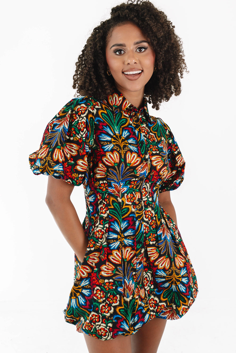 Multicolour Floral Puff Short Sleeve Shirt Mini Dress Mini Dresses JT's Designer Fashion