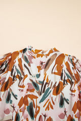 Brown Abstract Printed Puff Sleeve Button Up Braided Belt Mini Dress Mini Dresses JT's Designer Fashion
