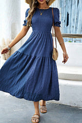 Sail Blue Solid Textured Smocked Puff Short Sleeve High Waist Long Dress Dresses JT's Designer Fashion
