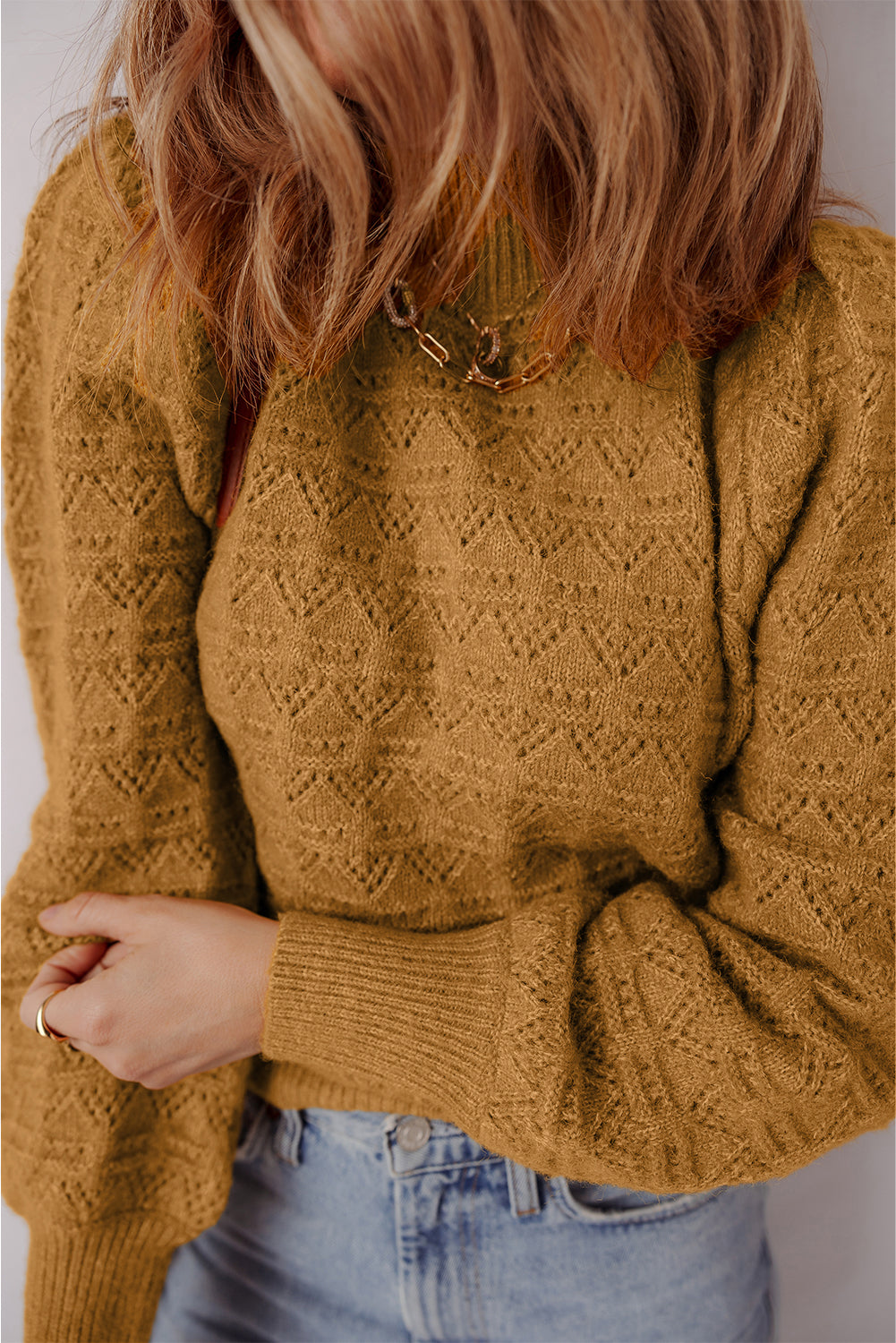 Jurassic Gold Hollow Out Crochet Ribbed Edge Balloon Sleeve Sweater Sweaters JT's Designer Fashion