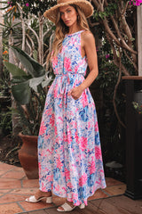 Sky Blue Floral Printed Sleeveless O Neck Knot Waist Maxi Dress Floral Dresses JT's Designer Fashion