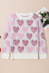 Pink Heart Leopard Print Pearled Ribbed Trim Fuzzy Sweater Sweaters JT's Designer Fashion