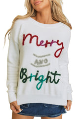 White Tinsel Merry and Bright Graphic Christmas Sweater Sweaters JT's Designer Fashion