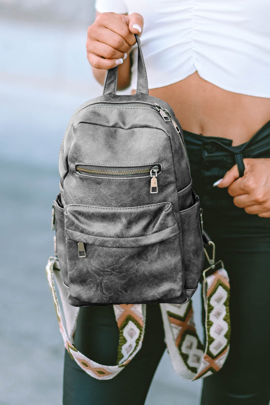 Gray Double Zipper Faux Leather Backpack Backpacks JT's Designer Fashion