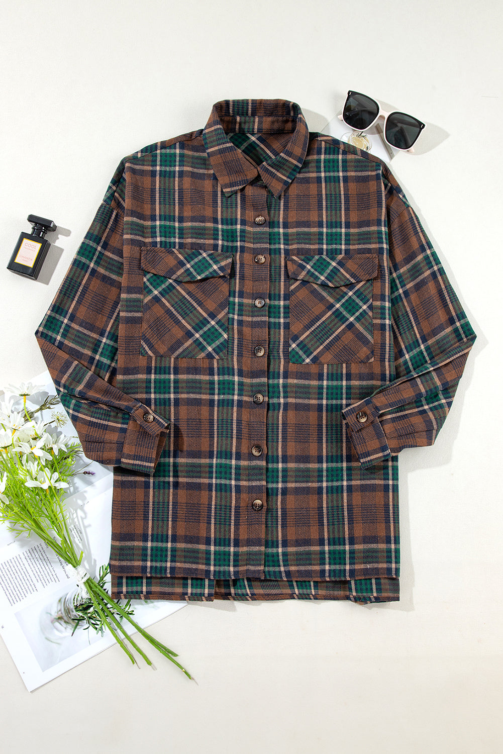 Brown Plaid Print Chest Pockets Buttoned Shirt Jacket Plaid Shackets JT's Designer Fashion