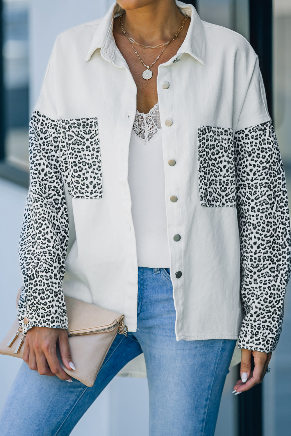 White Contrast Leopard Denim Jacket Denim Jackets JT's Designer Fashion