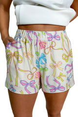 White Cheerful Bow Print Elastic Pull On Casual Shorts Casual Shorts JT's Designer Fashion