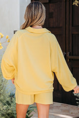 Yellow Cream Button Collar Drop Shoulder Pullover and Shorts 2pcs Outfit Short Sets JT's Designer Fashion