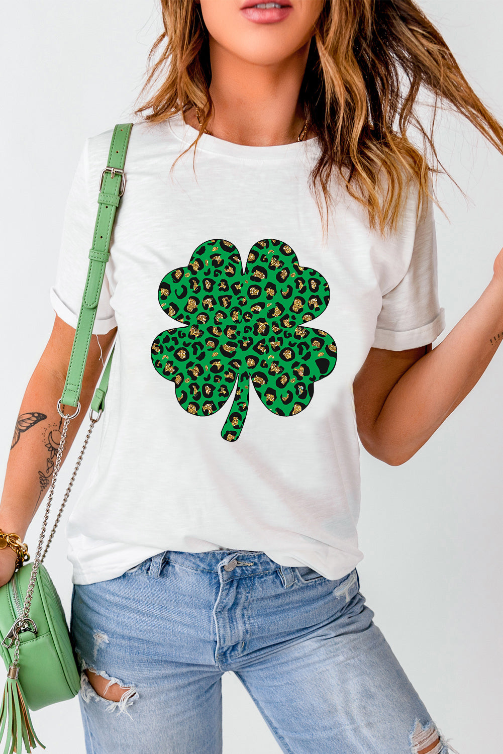 White Leopard Four Leaf Clover Graphic Tee Graphic Tees JT's Designer Fashion