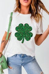 White Leopard Four Leaf Clover Graphic Tee Graphic Tees JT's Designer Fashion