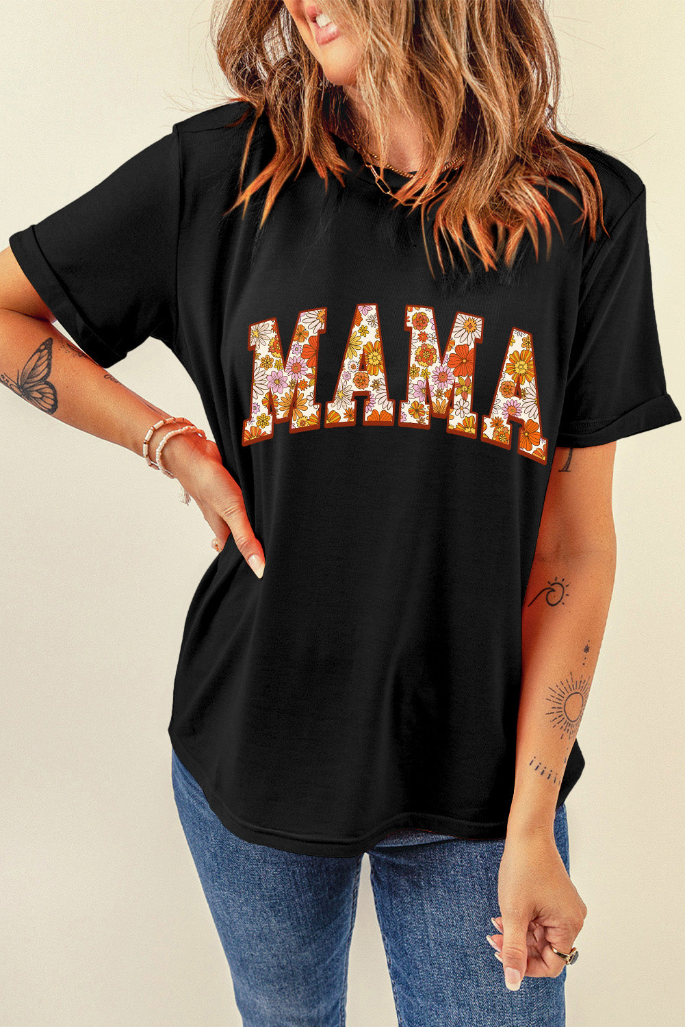 Black Flower Printed Mama Letter Graphic T-shirt Graphic Tees JT's Designer Fashion