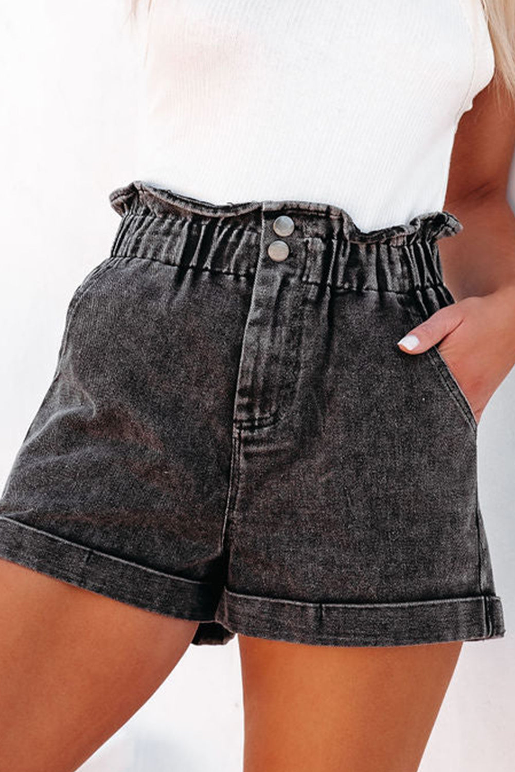 Black Vintage Washed Frilled High Waist Denim Shorts Denim Shorts JT's Designer Fashion