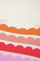Rose Red Wave Striped Balloon Sleeve Drop Shoulder Sweater Sweaters JT's Designer Fashion