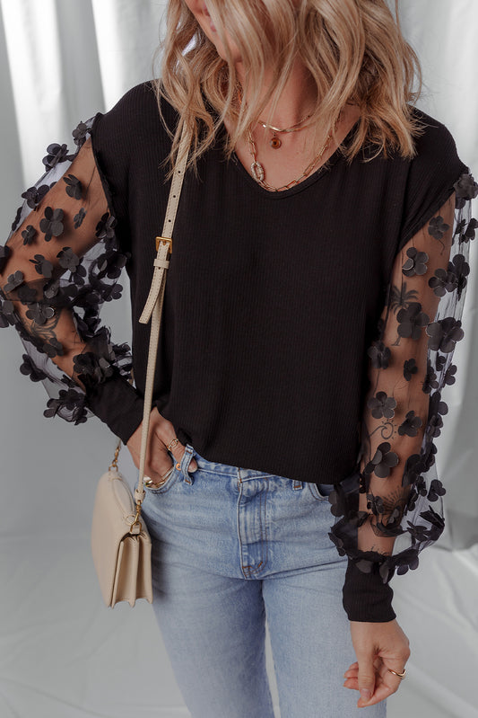 Black Flower Applique Mesh Long Sleeve V Neck Blouse Black 70%Polyester+27%Viscose+3%Elastane Blouses & Shirts JT's Designer Fashion