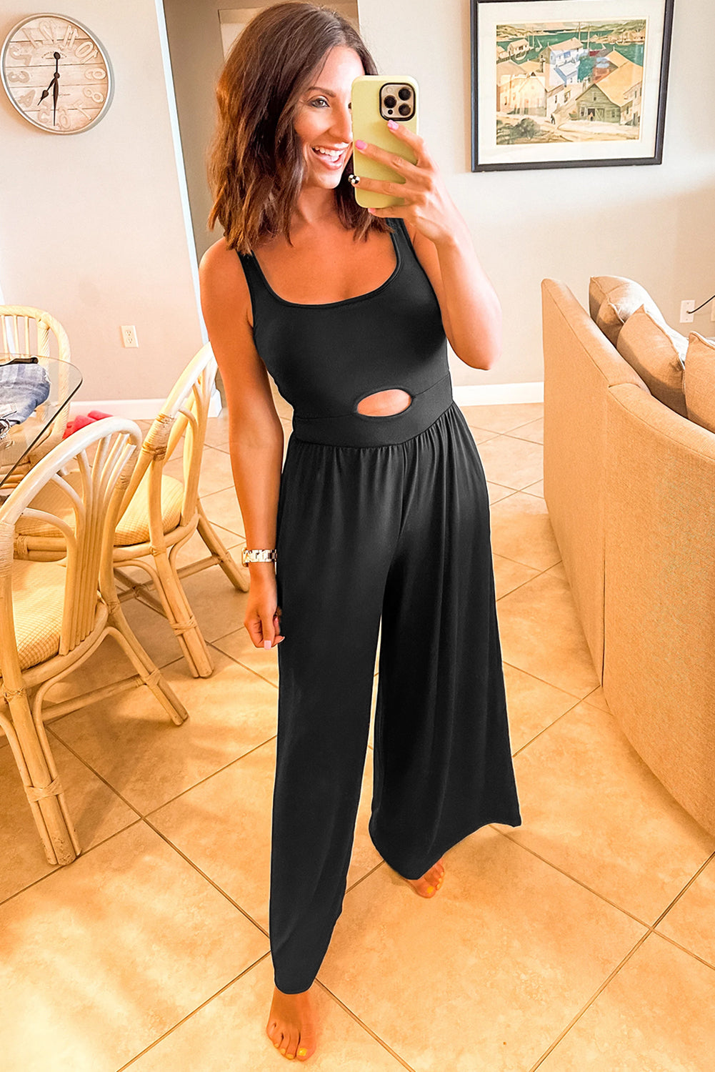 Black Peekaboo Wide Leg Square Neck Sleeveless Jumpsuit Jumpsuits & Rompers JT's Designer Fashion