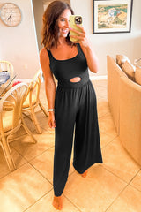 Black Peekaboo Wide Leg Square Neck Sleeveless Jumpsuit Jumpsuits & Rompers JT's Designer Fashion