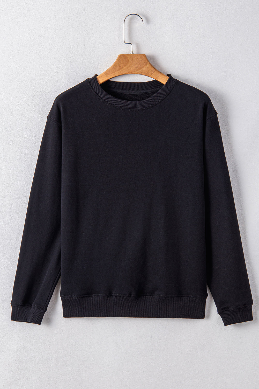 Black Plain Drop Shoulder Crewneck Pullover Sweatshirt Sweatshirts & Hoodies JT's Designer Fashion