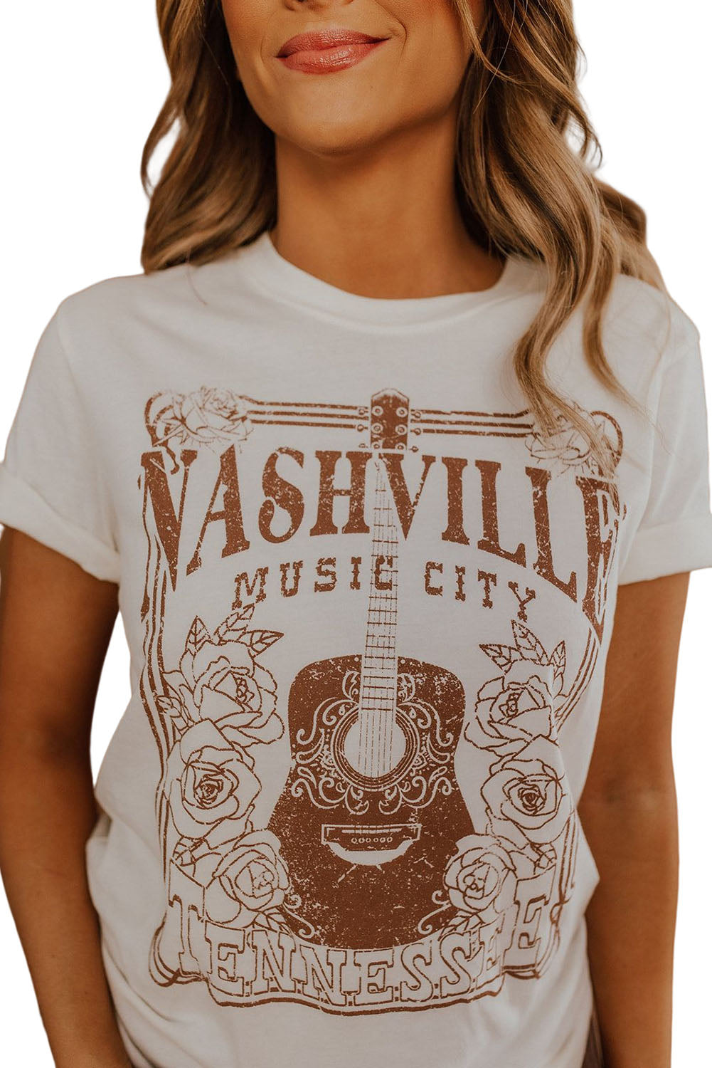 White NASHVILLE MUSIC CITY Graphic Crew Neck Tee Graphic Tees JT's Designer Fashion
