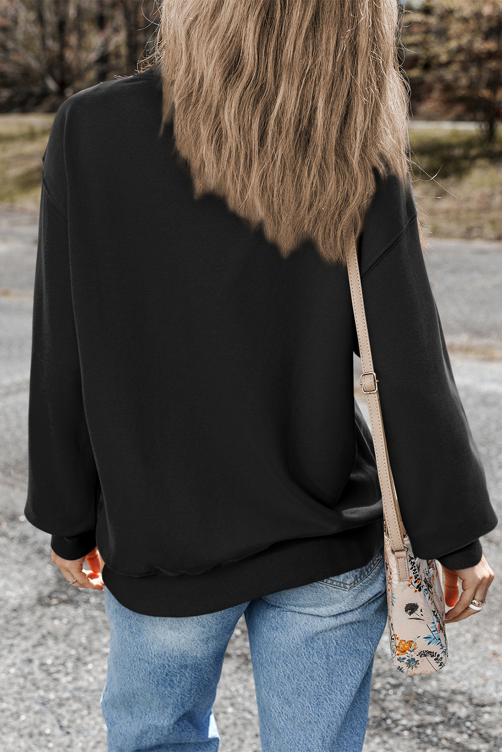 Black Plain Drop Shoulder Crewneck Pullover Sweatshirt Sweatshirts & Hoodies JT's Designer Fashion