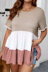 Beige Plus Size Color Block Lace Trim Ruffled Blouse Beige 62%Polyester+32%Cotton+6%Elastane Plus Size Blouses & Shirts JT's Designer Fashion