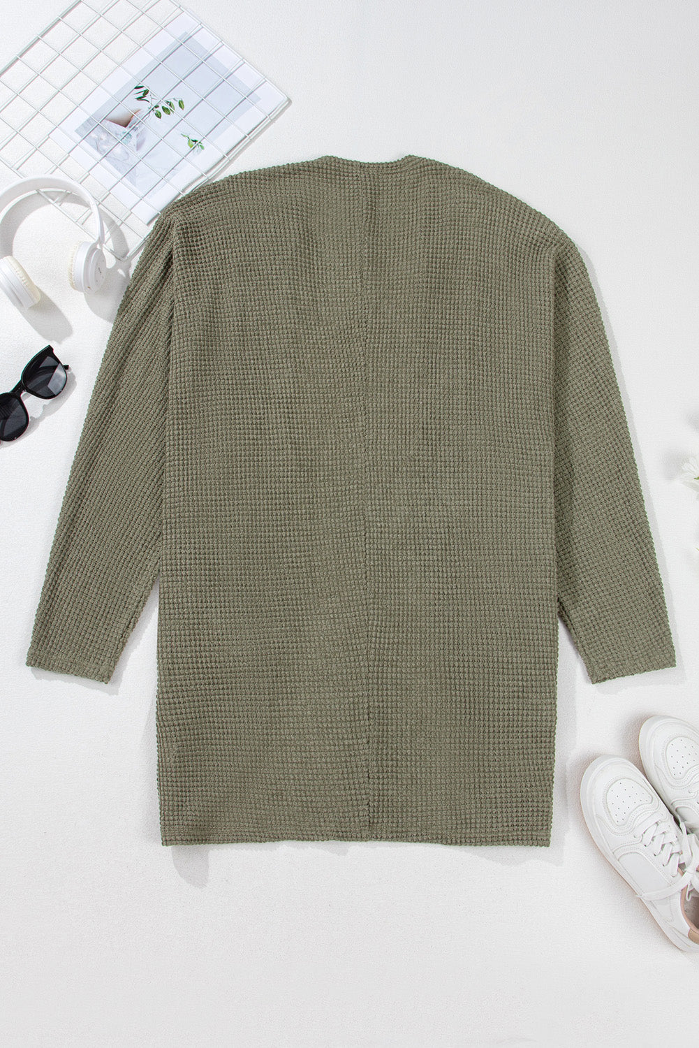 Seagrass Waffle Knit Drop Shoulder Open Front Pocketed Plus Size Cardigan Plus Size Sweaters & Cardigans JT's Designer Fashion