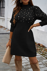 Black Pearl Beaded High Neck Bodycon Sweater Dress Sweaters JT's Designer Fashion