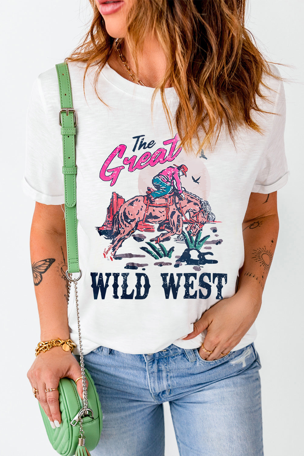 White The Great WILD WEST Rodeo Graphic Crew Neck T Shirt Graphic Tees JT's Designer Fashion