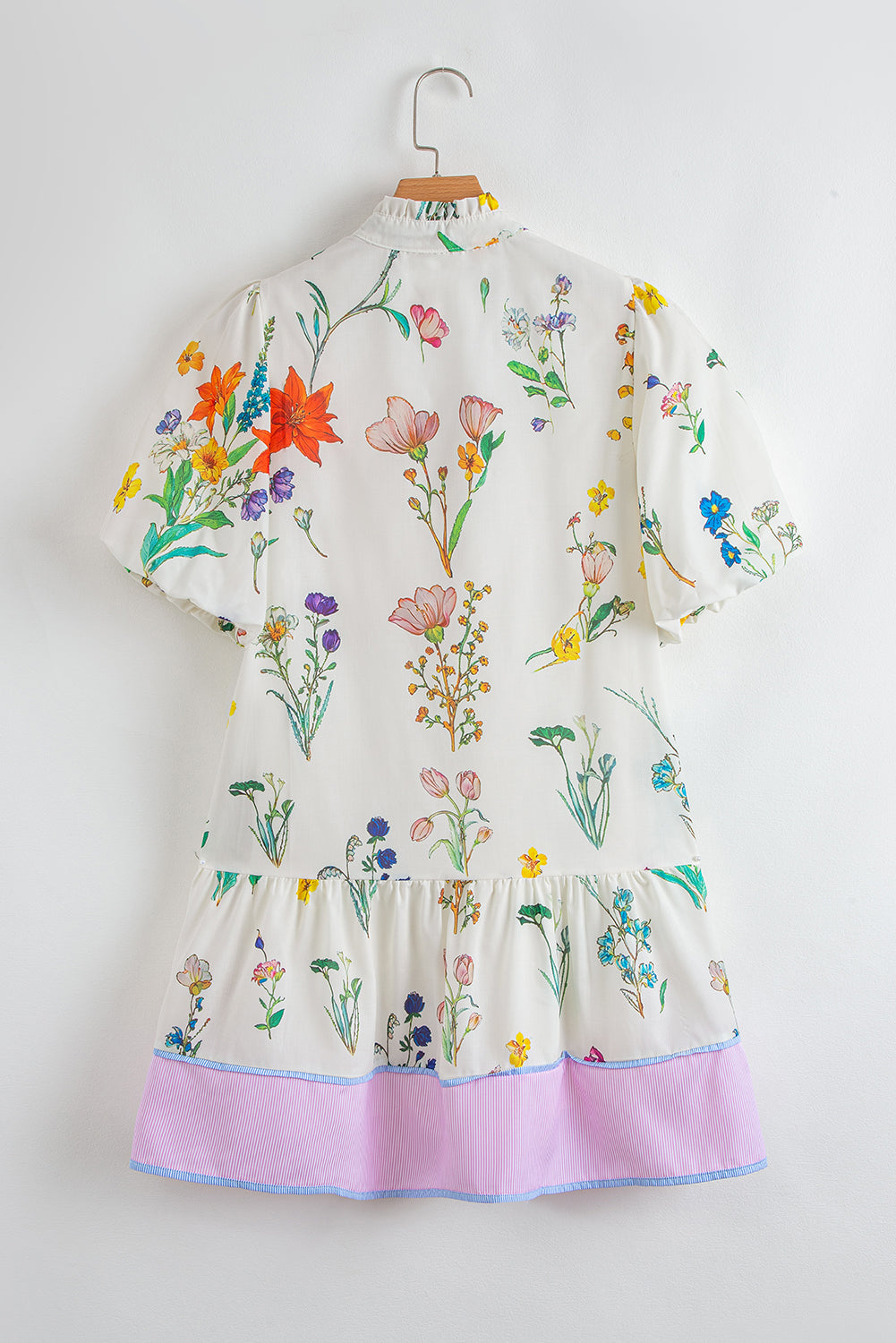 White Floral Print Contrast Striped Patchwork Short Puff Sleeve Dress Floral Dresses JT's Designer Fashion