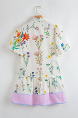 White Floral Print Contrast Striped Patchwork Short Puff Sleeve Dress Floral Dresses JT's Designer Fashion