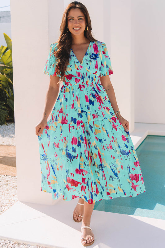 Sky Blue Abstract Print Short Puff Sleeve Tiered Long Dress Sky Blue 100%Polyester Maxi Dresses JT's Designer Fashion