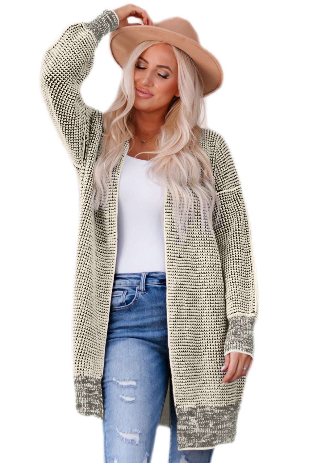 Apricot Plaid Knitted Long Open Front Cardigan Sweaters & Cardigans JT's Designer Fashion