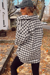Black Plaid Print Chest Pockets Buttoned Tunic Shacket Plaid Shackets JT's Designer Fashion