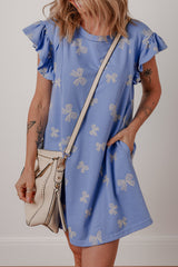 Sky Blue Bow Knot Print Crewneck Ruffled Sleeve Shift Mini Dress Dresses JT's Designer Fashion