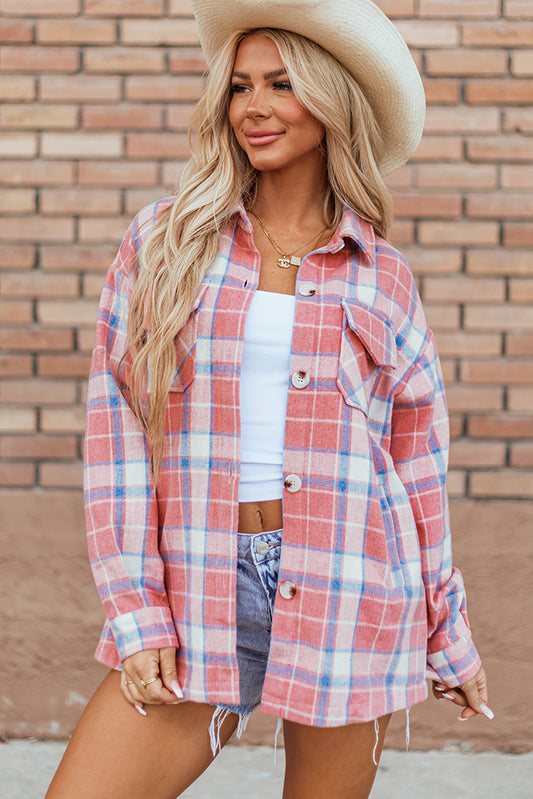 Pink Plaid Flap Pocket Button Up Shacket Pink 100%Polyester Plaid Shackets JT's Designer Fashion
