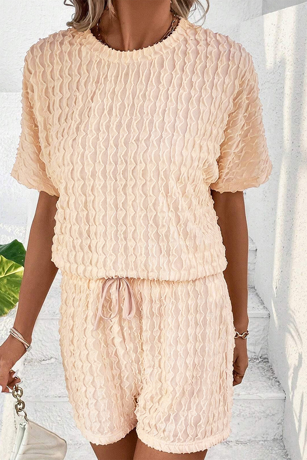 Beige Frill Textured Short Sleeve Top and Drawstring Shorts Set Short Sets JT's Designer Fashion