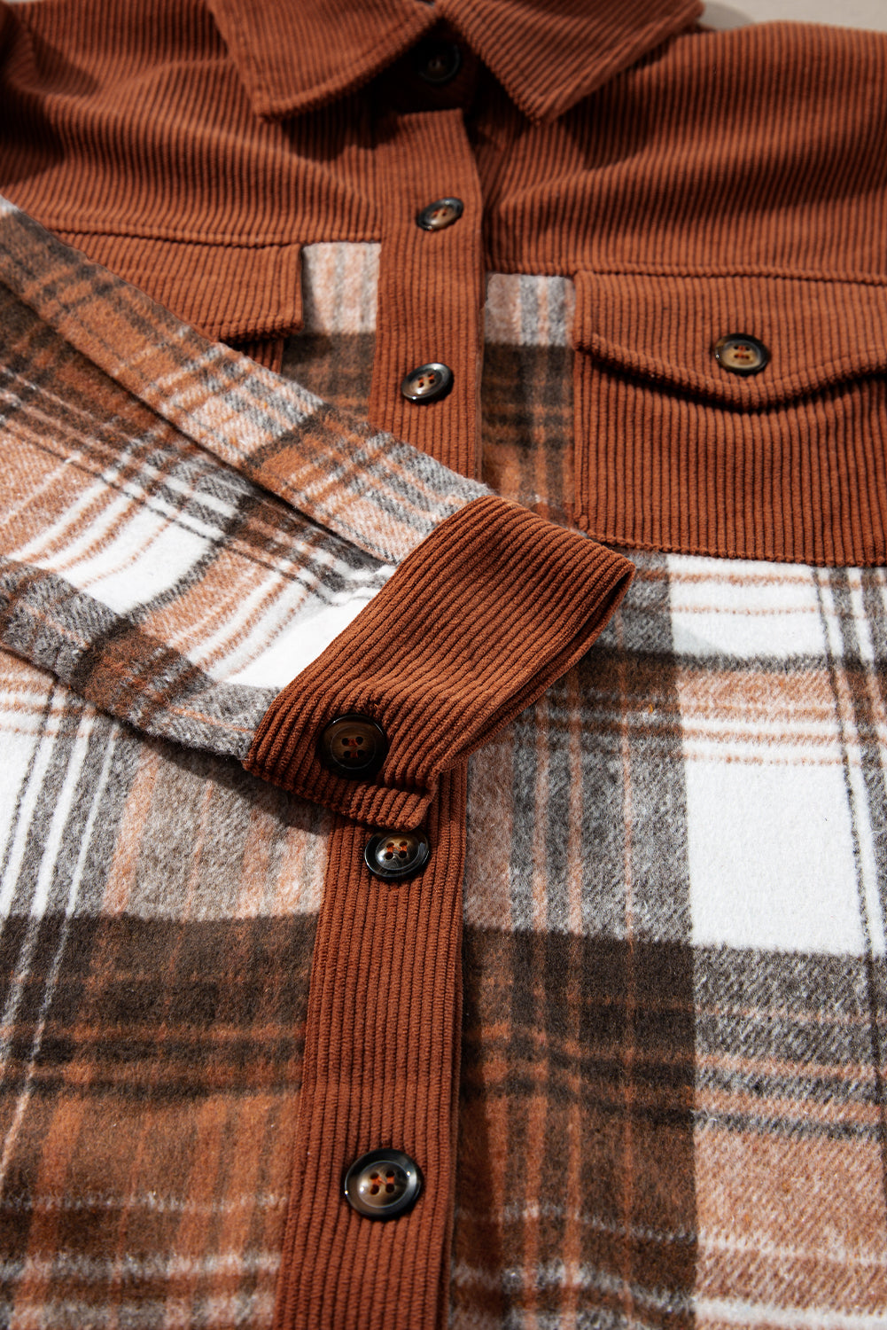 Cinnamon Plaid Corduroy Patchwork Chest Pocket Shacket Plaid Shackets JT's Designer Fashion