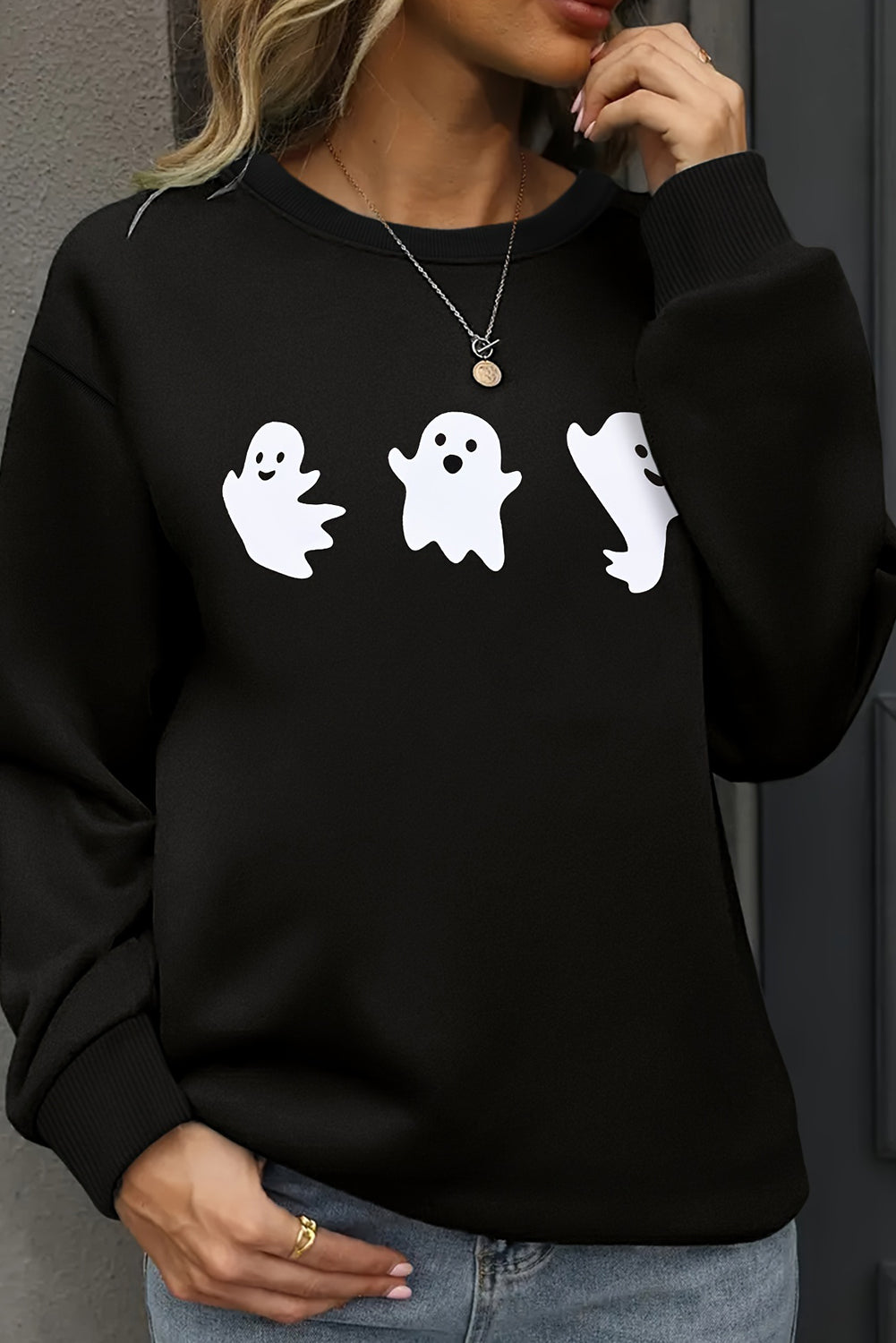 Black Halloween Ghosts Print Round Neck Sweatshirt Graphic Sweatshirts JT's Designer Fashion