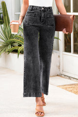 Black Chic Patch Pocket Straight Leg Loose Jeans Jeans JT's Designer Fashion