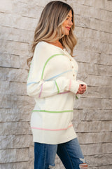 White Rainbow Stripes Drop Shoulder Baggy Henley Sweater Sweaters JT's Designer Fashion