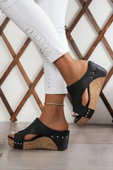 Black Hollow Out Studded Leather Wedge Slippers Slippers JT's Designer Fashion