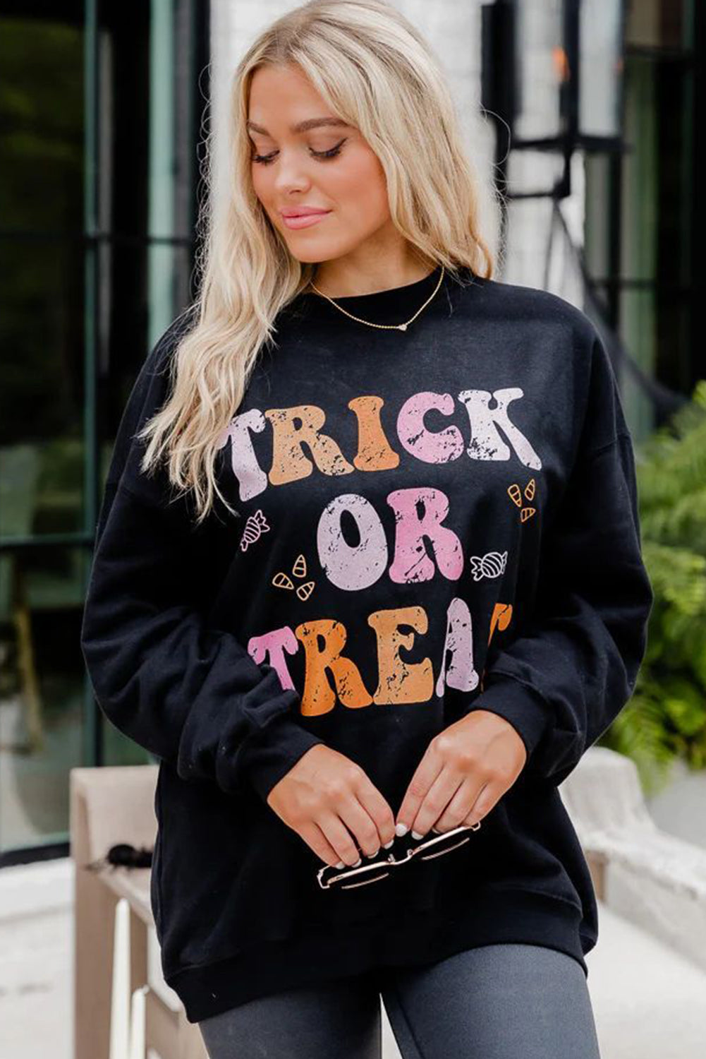 Black TRICK OR TREAT Graphic Crewneck Halloween Sweatshirt Graphic Sweatshirts JT's Designer Fashion