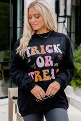 Black TRICK OR TREAT Graphic Crewneck Halloween Sweatshirt Graphic Sweatshirts JT's Designer Fashion