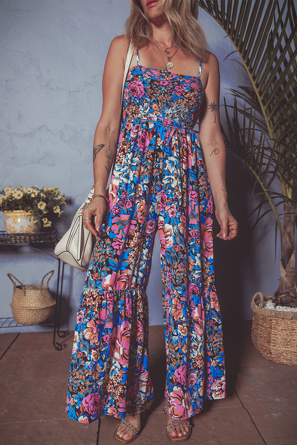 Pink Floral Smocked Bust Spaghetti Straps Wide Leg Jumpsuit Jumpsuits & Rompers JT's Designer Fashion