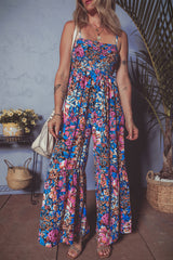 Pink Floral Smocked Bust Spaghetti Straps Wide Leg Jumpsuit Jumpsuits & Rompers JT's Designer Fashion