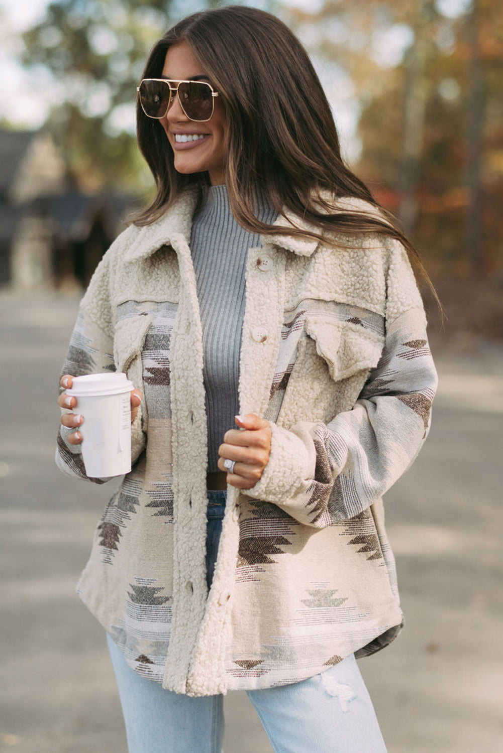 Khaki Western Aztec Print Sherpa Splicing Buttoned Flap Pocket Coat Jackets JT's Designer Fashion