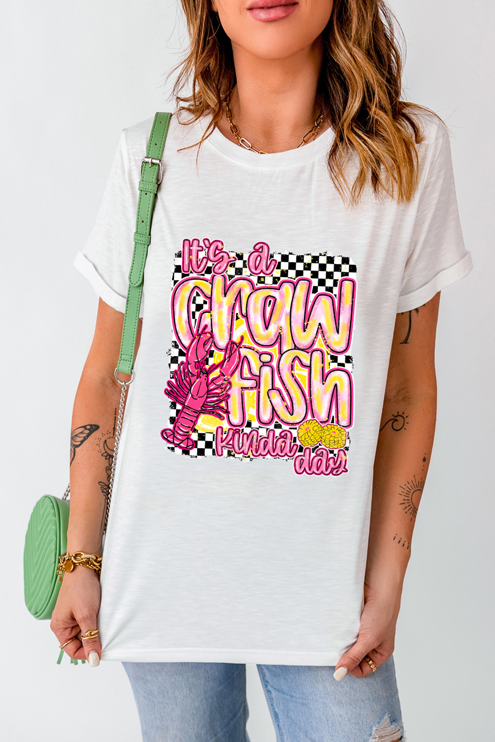 White Crawfish Checkered Pattern Graphic Tee Graphic Tees JT's Designer Fashion