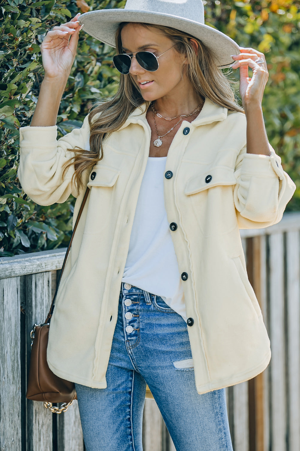 Beige Turn Down Collar Buttoned Shirt Jacket Jackets JT's Designer Fashion