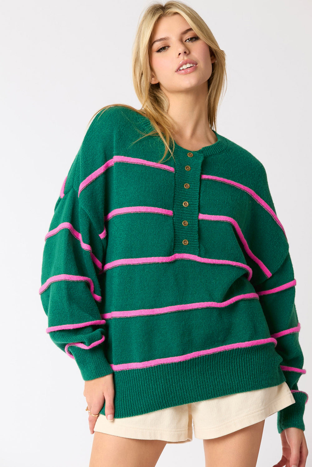 Green Stripe Half Buttons Drop Shoulder Oversized Sweater Sweaters JT's Designer Fashion